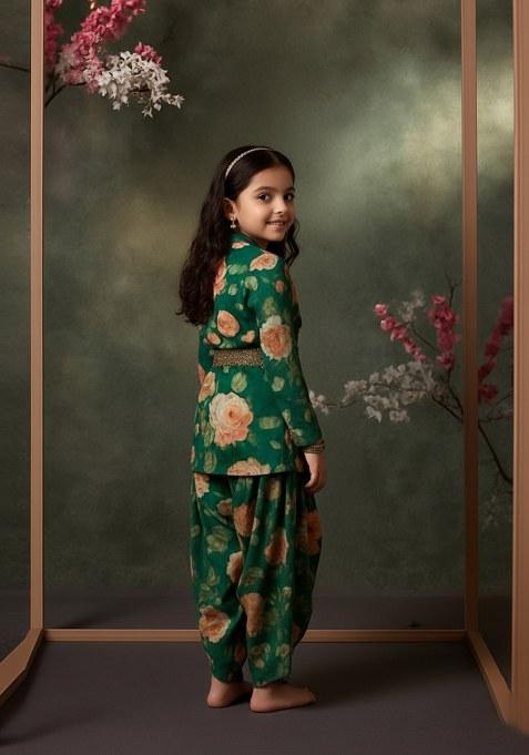 Girls Dark Green Floral Print Satin Georgette Fusion Set