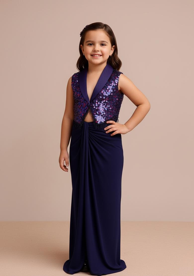 Girls Dark Blue Embellished Satin Fusion Set - Indya