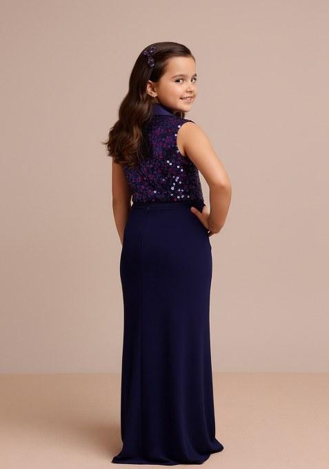 Girls Dark Blue Embellished Satin Fusion Set