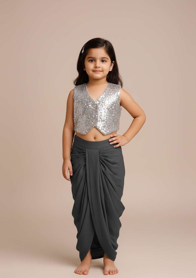 Girls Grey Embellished Satin Fusion Set - Indya
