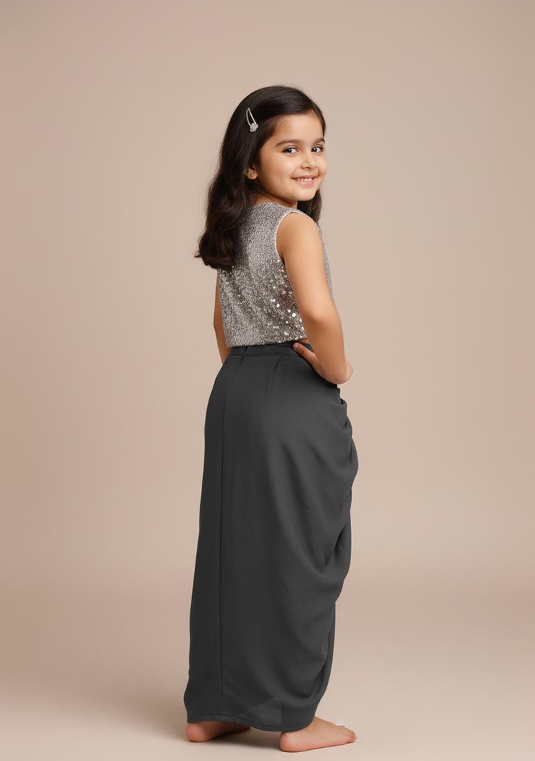 Girls Grey Embellished Satin Fusion Set - Indya