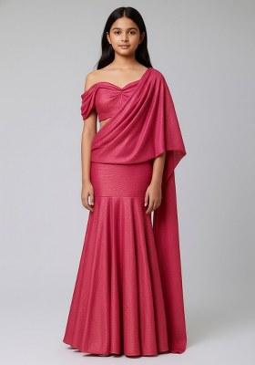 Girls Pink Solid Knit Pre Draped Saree Set