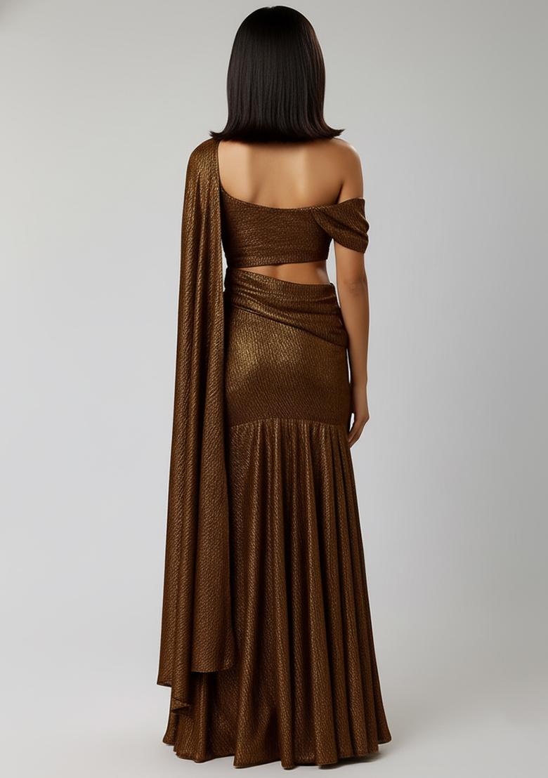 Girls Green Solid Knit Pre Draped Saree Set