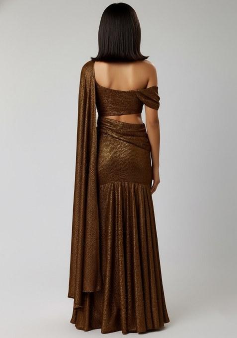 Girls Green Solid Knit Pre Draped Saree Set