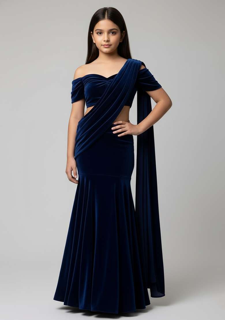 Girls Dark Blue Solid Velvet Pre Draped Saree Set - Indya
