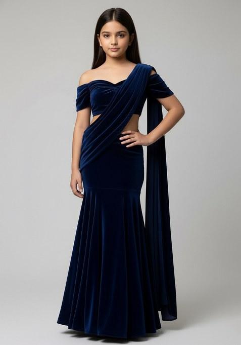 Girls Dark Blue Solid Velvet Pre Draped Saree Set