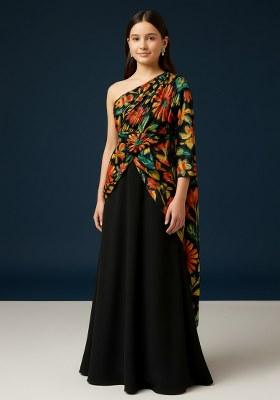 Girls Multicolor Floral Print Chinon Pre Draped Saree Set