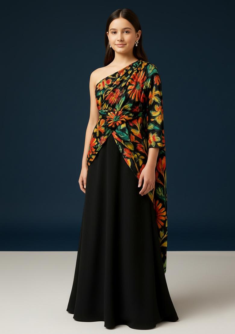 Girls Multicolor Floral Print Chinon Pre Draped Saree Set