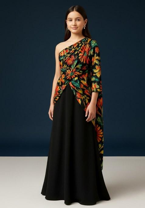 Girls Multicolor Floral Print Chinon Pre Draped Saree Set