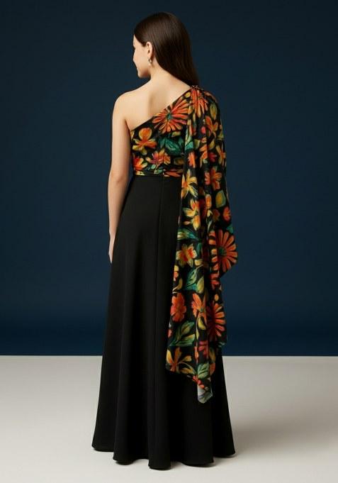 Girls Multicolor Floral Print Chinon Pre Draped Saree Set