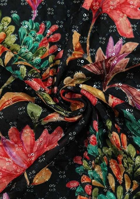 Girls Multicolor Floral Print Chinon Pre Draped Saree Set