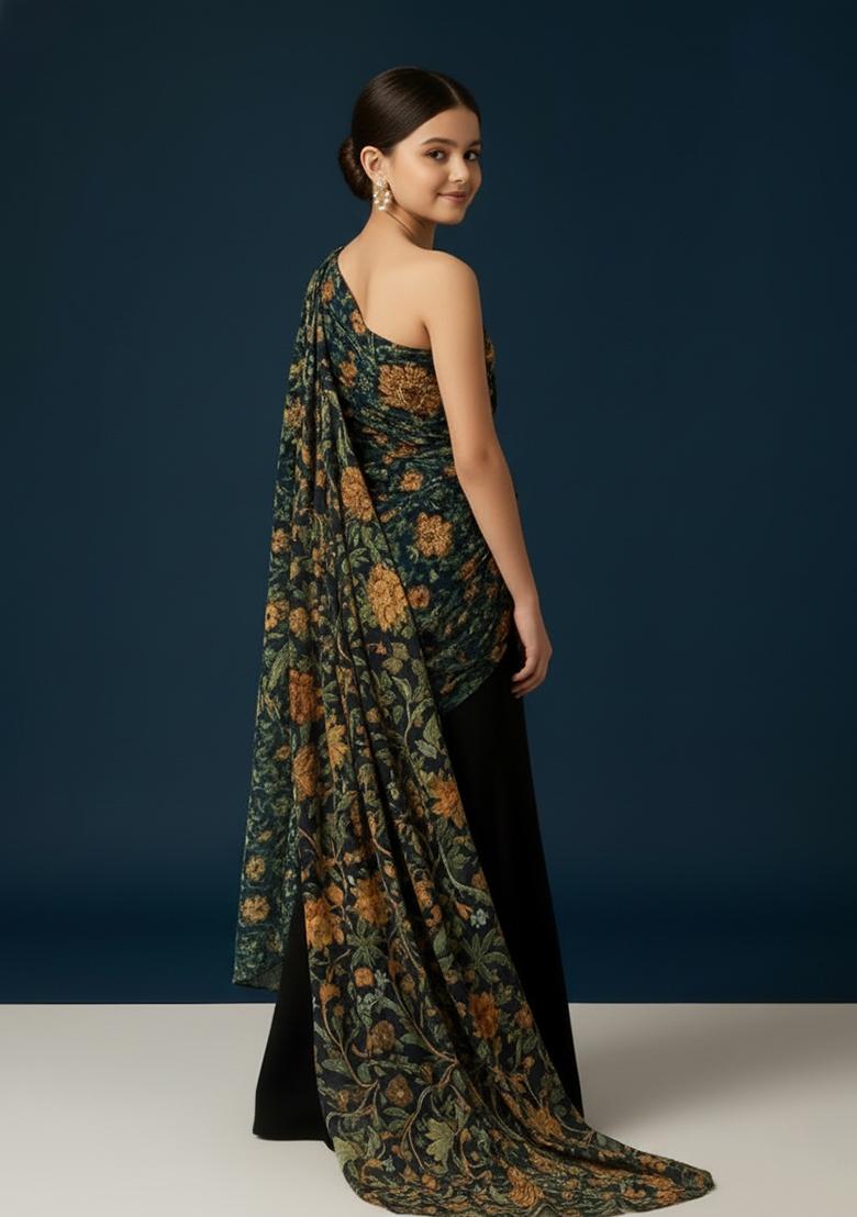 Girls Multicolor Floral Print Chinon Pre Draped Saree Set - Indya