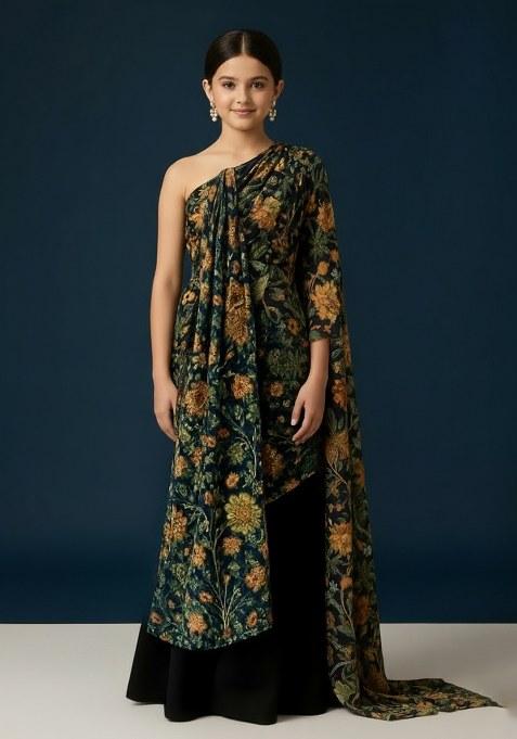 Girls Multicolor Floral Print Chinon Pre Draped Saree Set