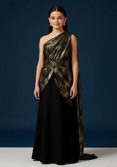 Girls Black Foil Print Chinon Pre Draped Saree Set
