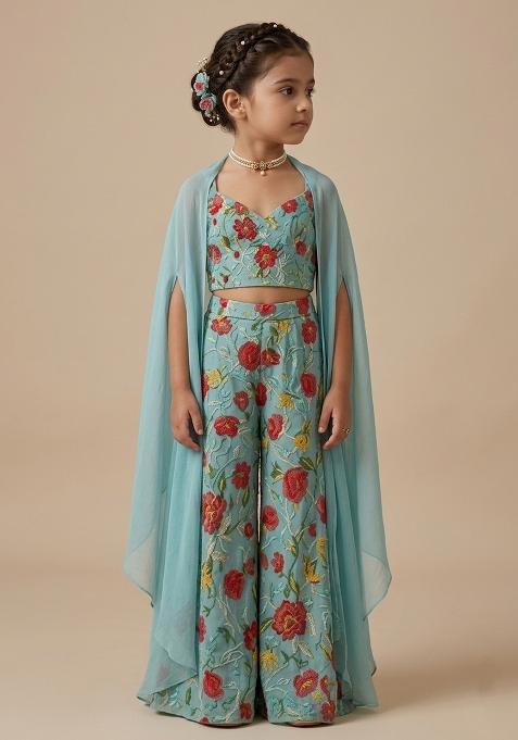 Blue Printed Chinnon Fusion Set For Girls