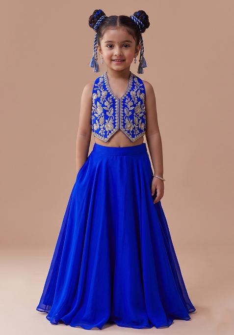Royal Blue Crepe Handwork Fusion Set For Girls