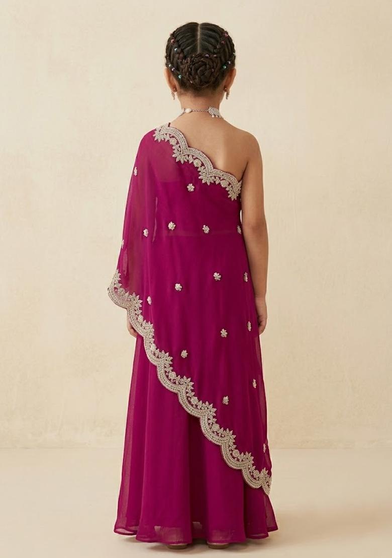 Rani Pink Crepe Handwork Fusion Set For Girls - Indya