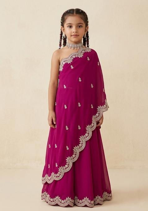 Rani Pink Crepe Handwork Fusion Set For Girls