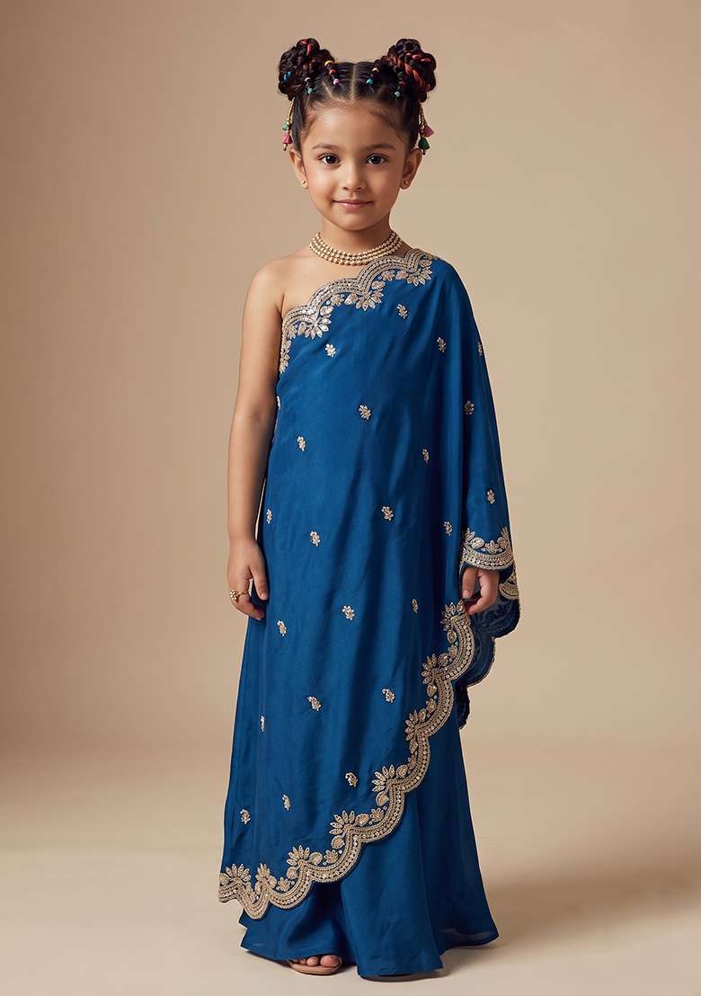 Blue Crepe Handwork Fusion Set For Girls - Indya