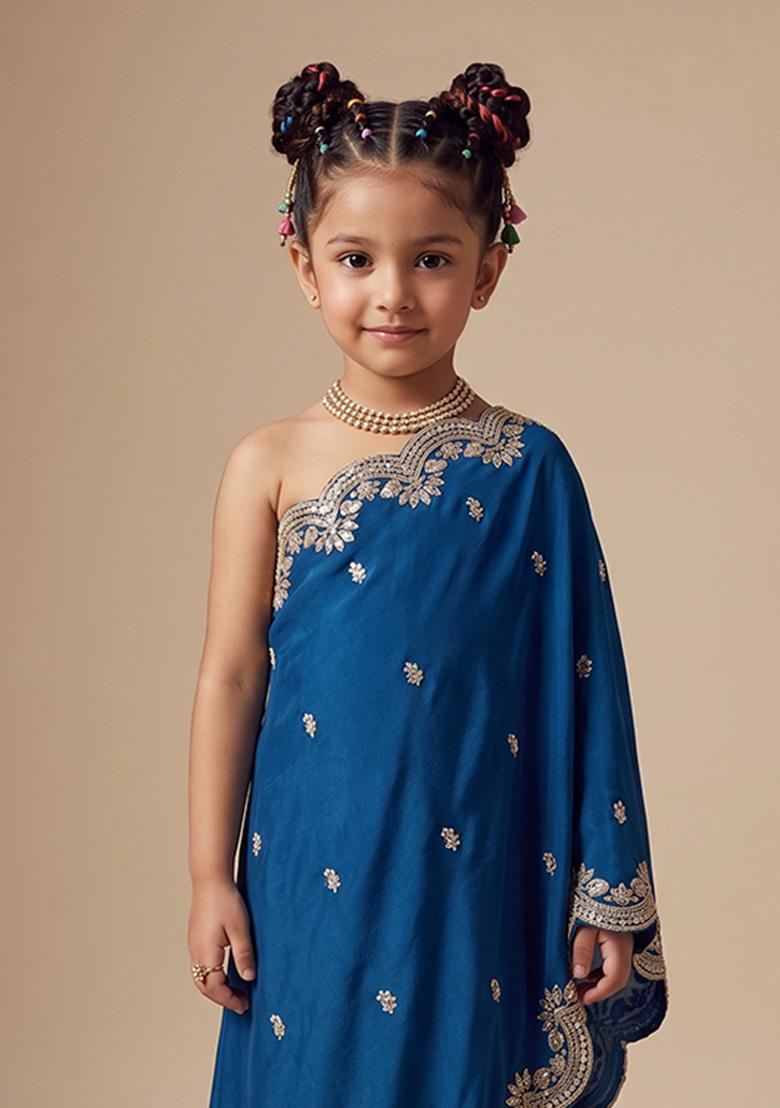 Blue Crepe Handwork Fusion Set For Girls - Indya
