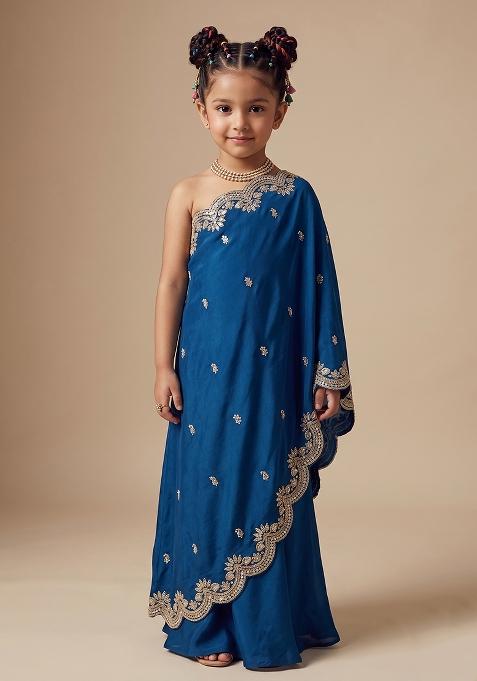 Blue Crepe Handwork Fusion Set For Girls