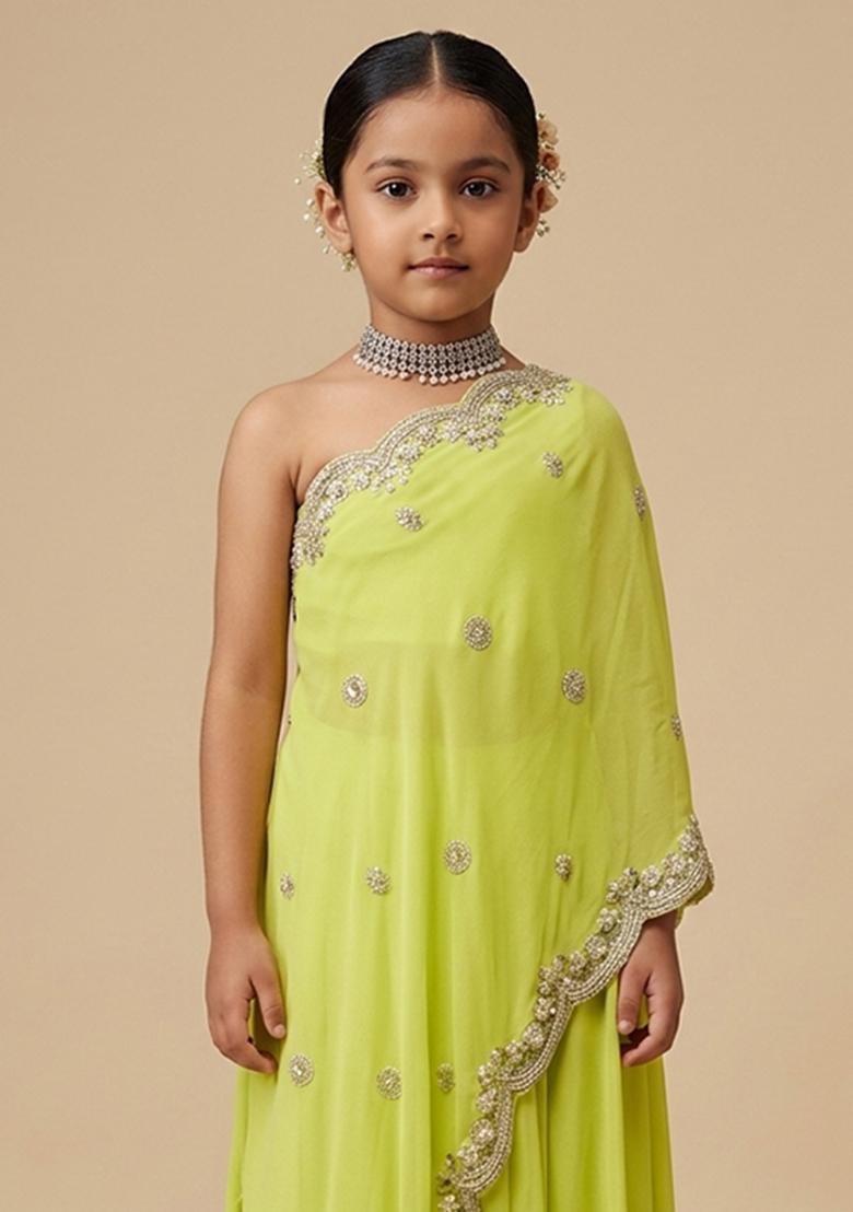 Lime Green Crepe Handwork Fusion Set For Girls - Indya