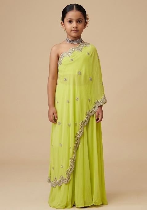 Lime Green Crepe Handwork Fusion Set For Girls