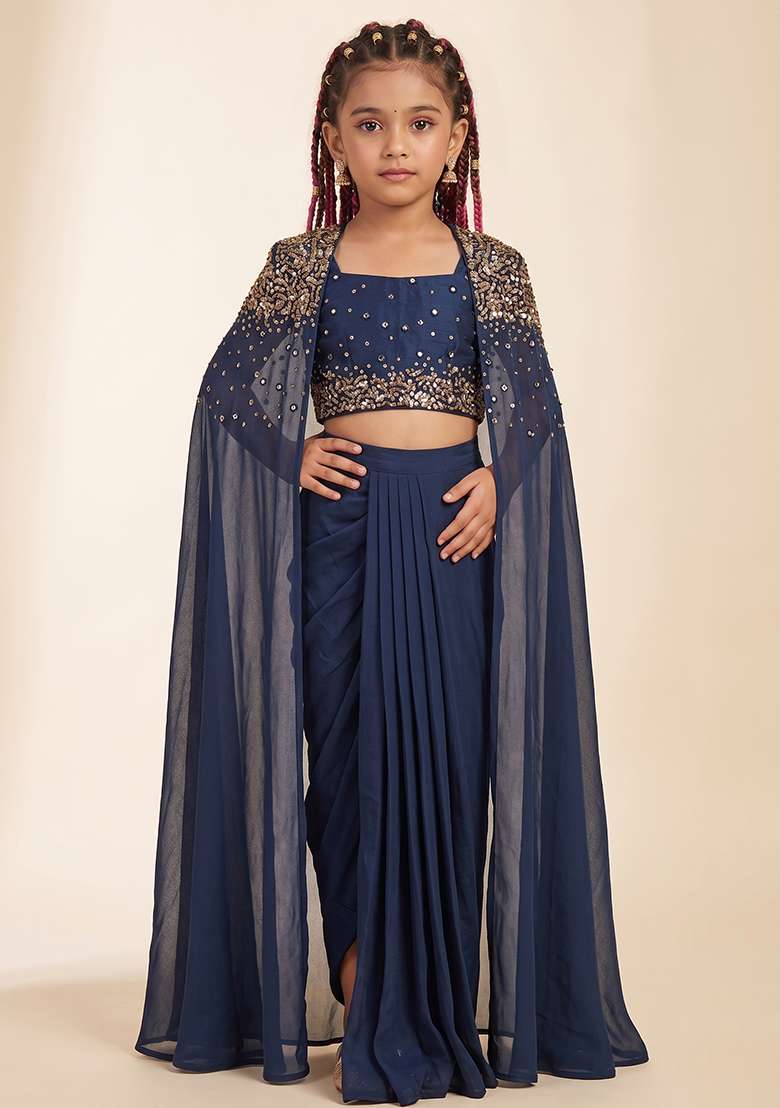 Navy Blue Handwork Silk Fusion Set For Girls - Indya
