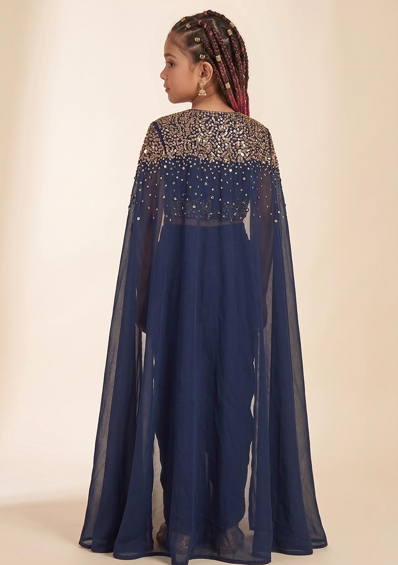 Navy Blue Handwork Silk Fusion Set For Girls - Indya