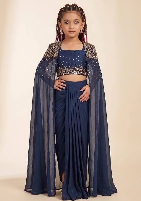 Navy Blue Handwork Silk Fusion Set For Girls