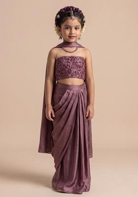 Mauve Handwork Satin Fusion Set For Girls