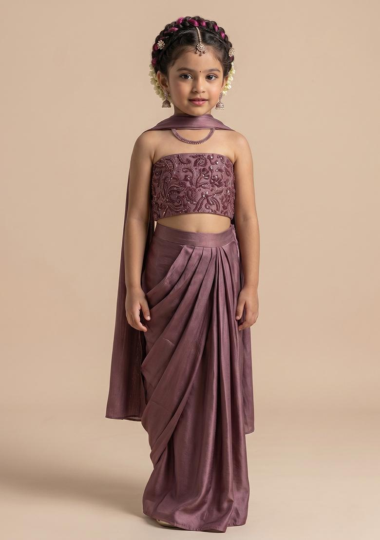 Mauve Handwork Satin Fusion Set For Girls - Indya