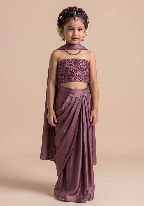 Mauve Handwork Satin Fusion Set For Girls