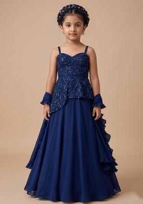 Navy Blue Handwork Crepe Fusion Set For Girls