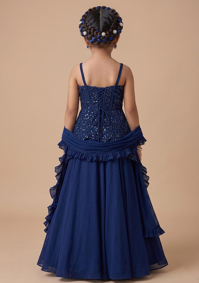 Navy Blue Handwork Crepe Fusion Set For Girls - Indya