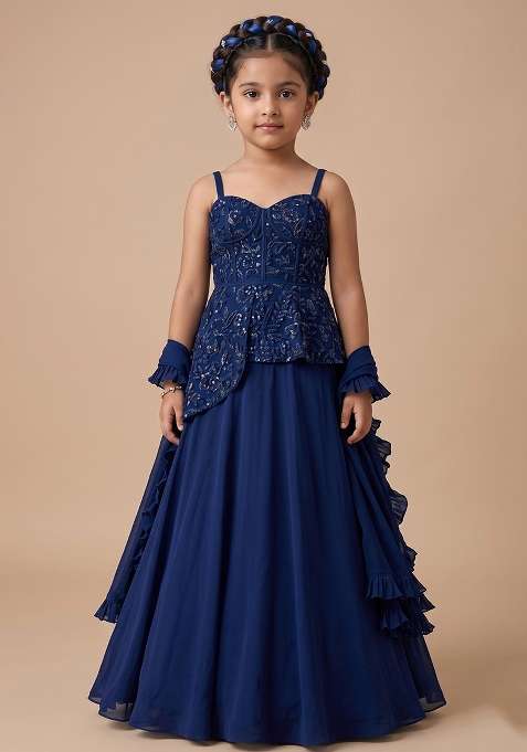 Navy Blue Handwork Crepe Fusion Set For Girls