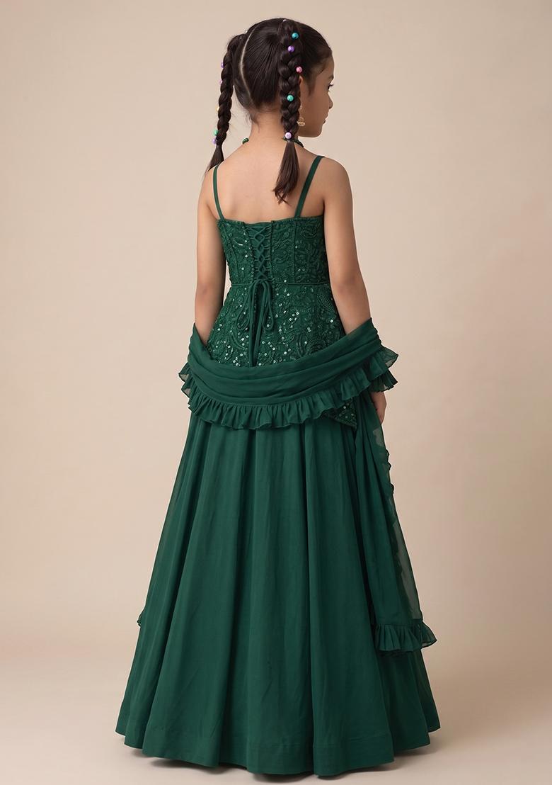 Bottle Green Handwork Crepe Fusion Set For Girls - Indya