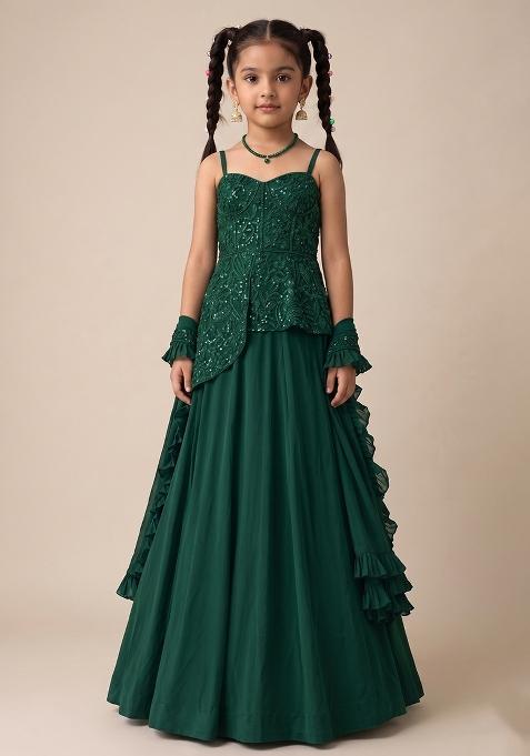 Bottle Green Handwork Crepe Fusion Set For Girls