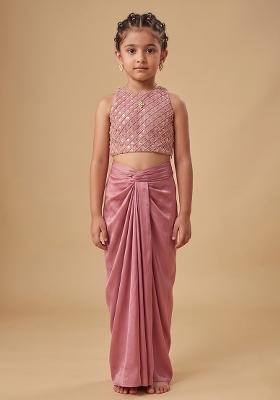 Pink Hand Work Crepe Fusion Set For Girls