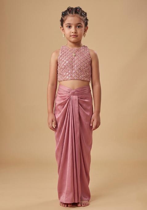 Pink Hand Work Crepe Fusion Set For Girls