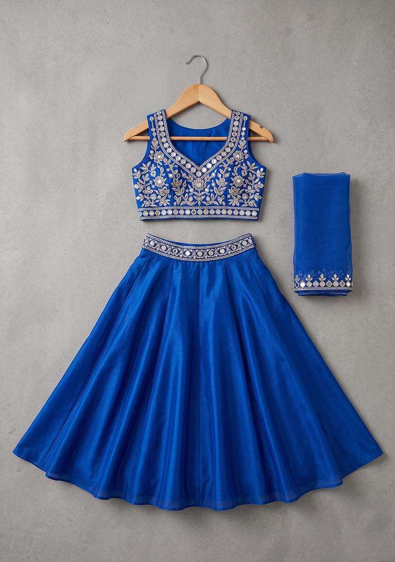 Royal Blue Hand Work Organza Lehenga Set For Girls - Indya