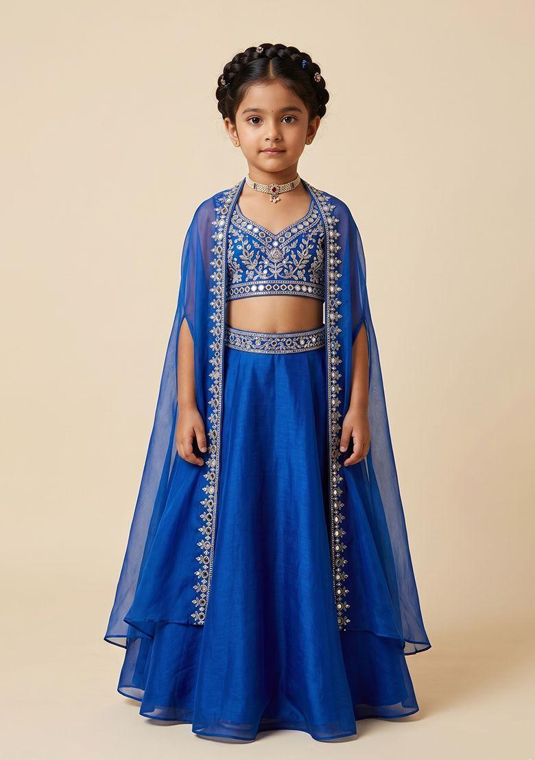Royal Blue Hand Work Organza Lehenga Set For Girls - Indya