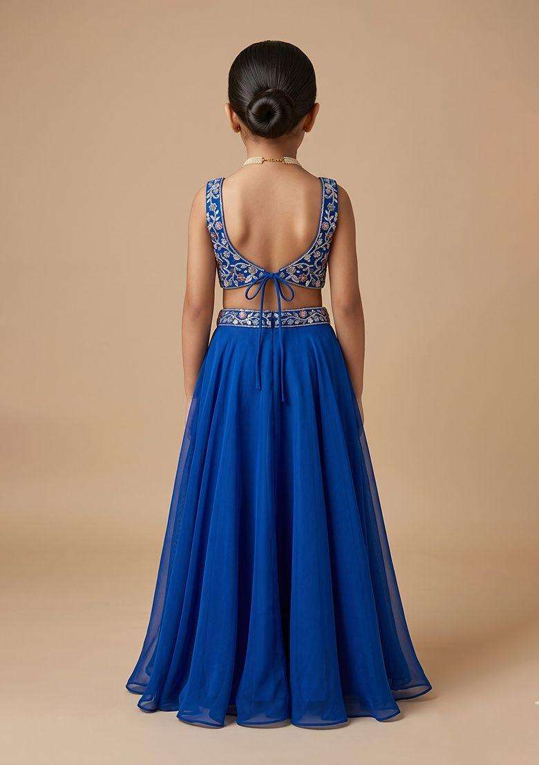 Royal Blue Hand Work Organza Lehenga Set For Girls - Indya