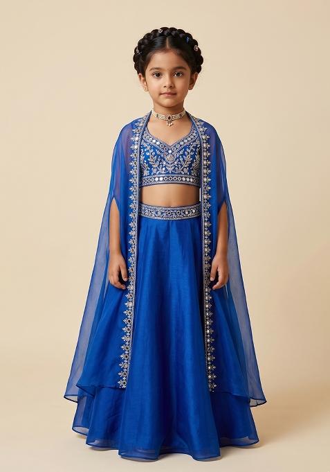 Royal Blue Hand Work Organza Lehenga Set For Girls