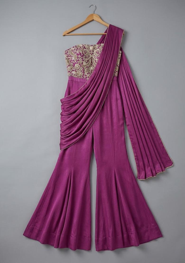 Magenta Hand Work Chinon Fusion Set For Girls - Indya
