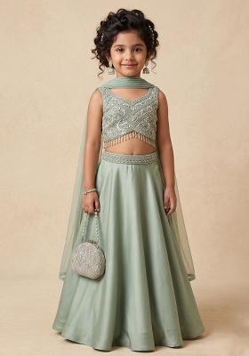 Sage Green Hand Work Chinon Fusion Set For Girls