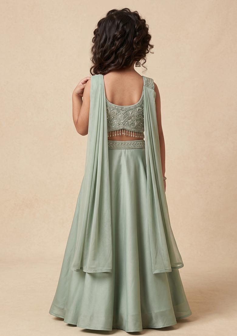Sage Green Hand Work Chinon Fusion Set For Girls - Indya