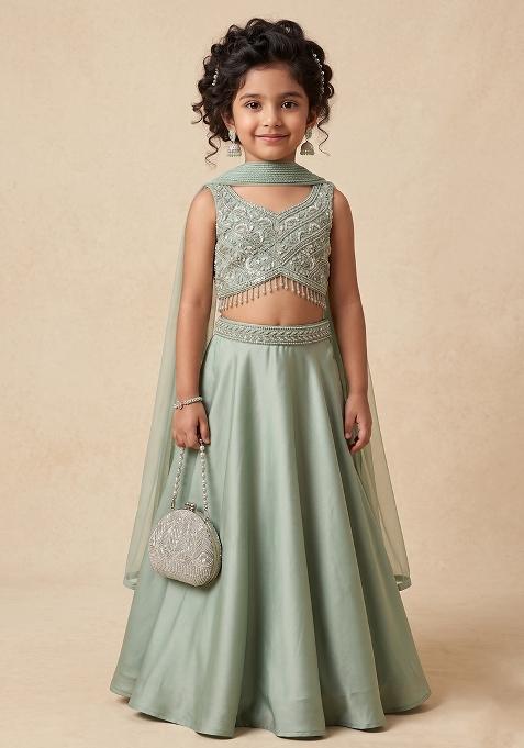 Sage Green Hand Work Chinon Fusion Set For Girls
