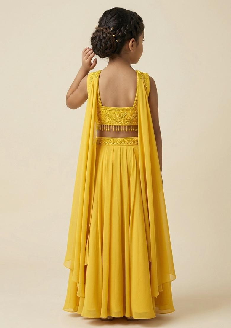 Yellow Hand Work Chinon Fusion Set For Girls - Indya