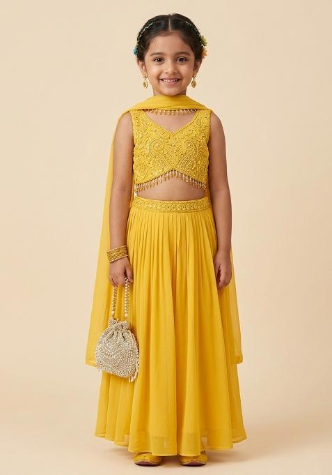 Yellow Hand Work Chinon Fusion Set For Girls